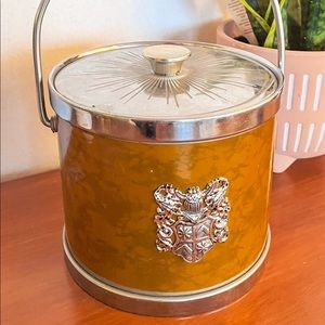 Vintage 1970s MCM Silver Metal & Faux Leather Crested Japanese Ice Bucket